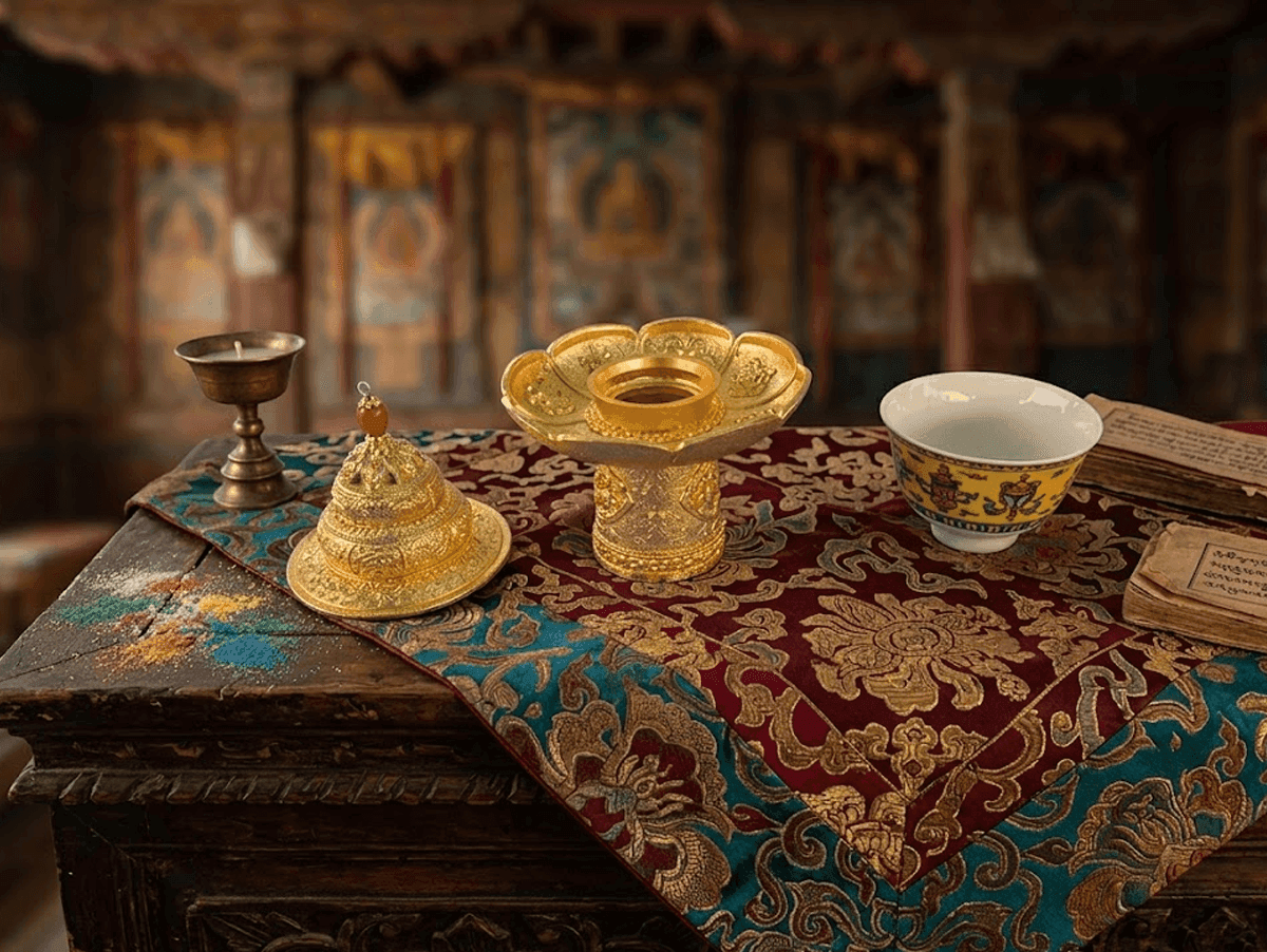 Monpa Gser Bum – Golden Brass Ceremonial Bowl Set with Lotus Pedestal