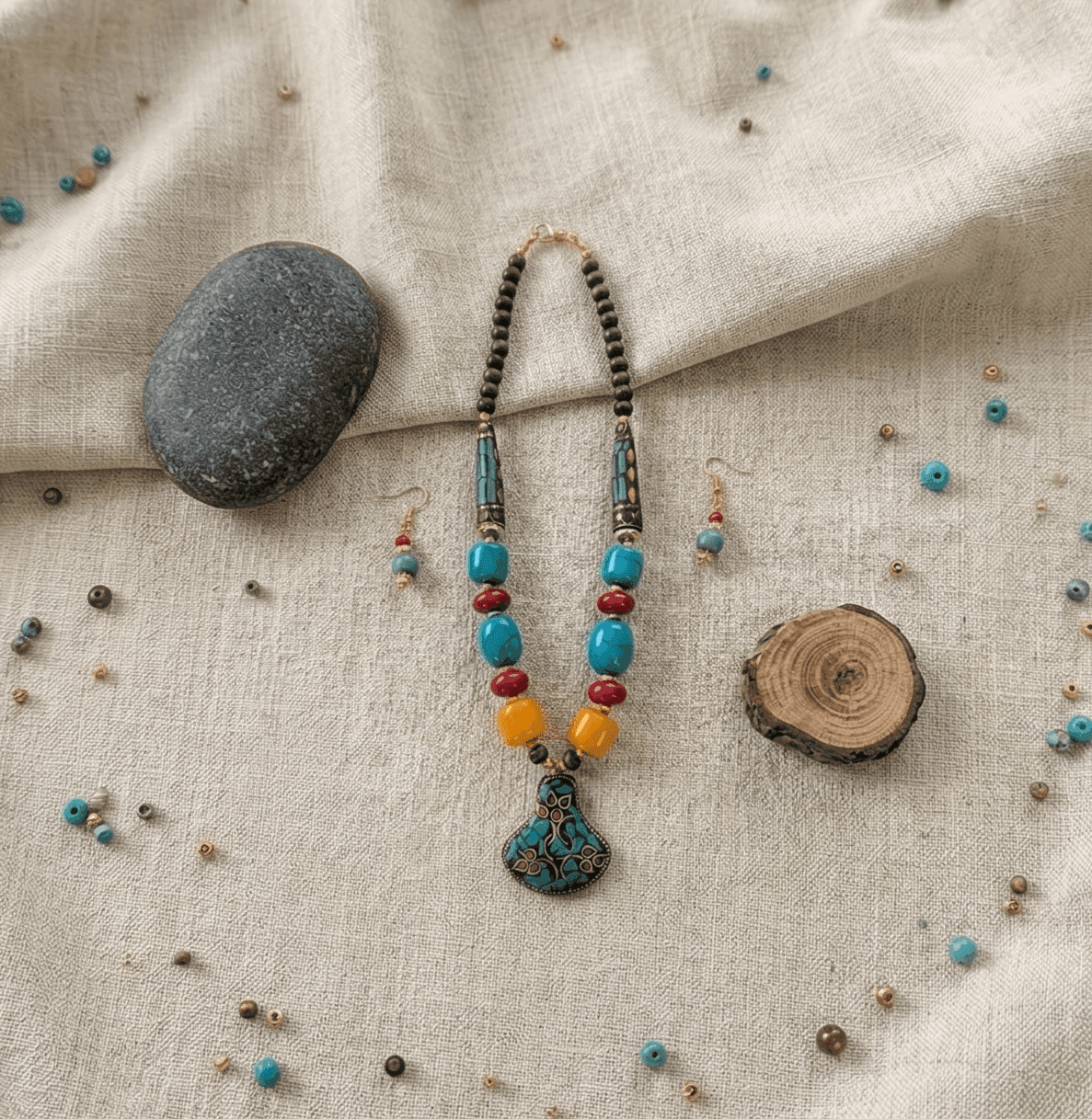 Monpa Gyel-Tsen – Turquoise, Coral & Amber Tribal Necklace with Pendant