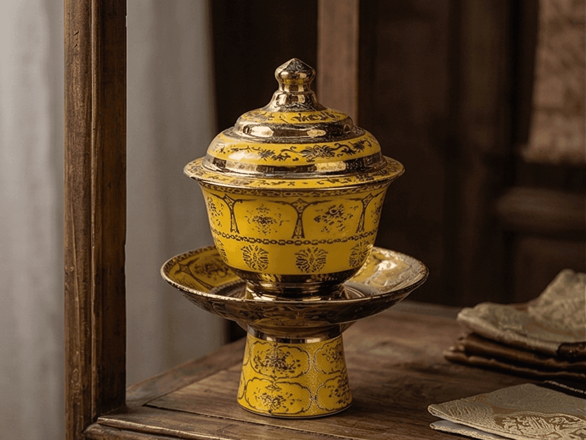 Monpa Zang Dong – Sacred Yellow Lacquered Offering Bowl Set