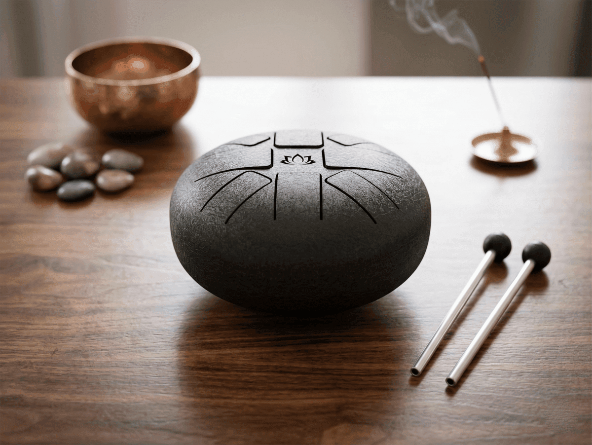 Monpa Zen Lotus Tongue Drum – Black Steel Meditation Drum with Beaters